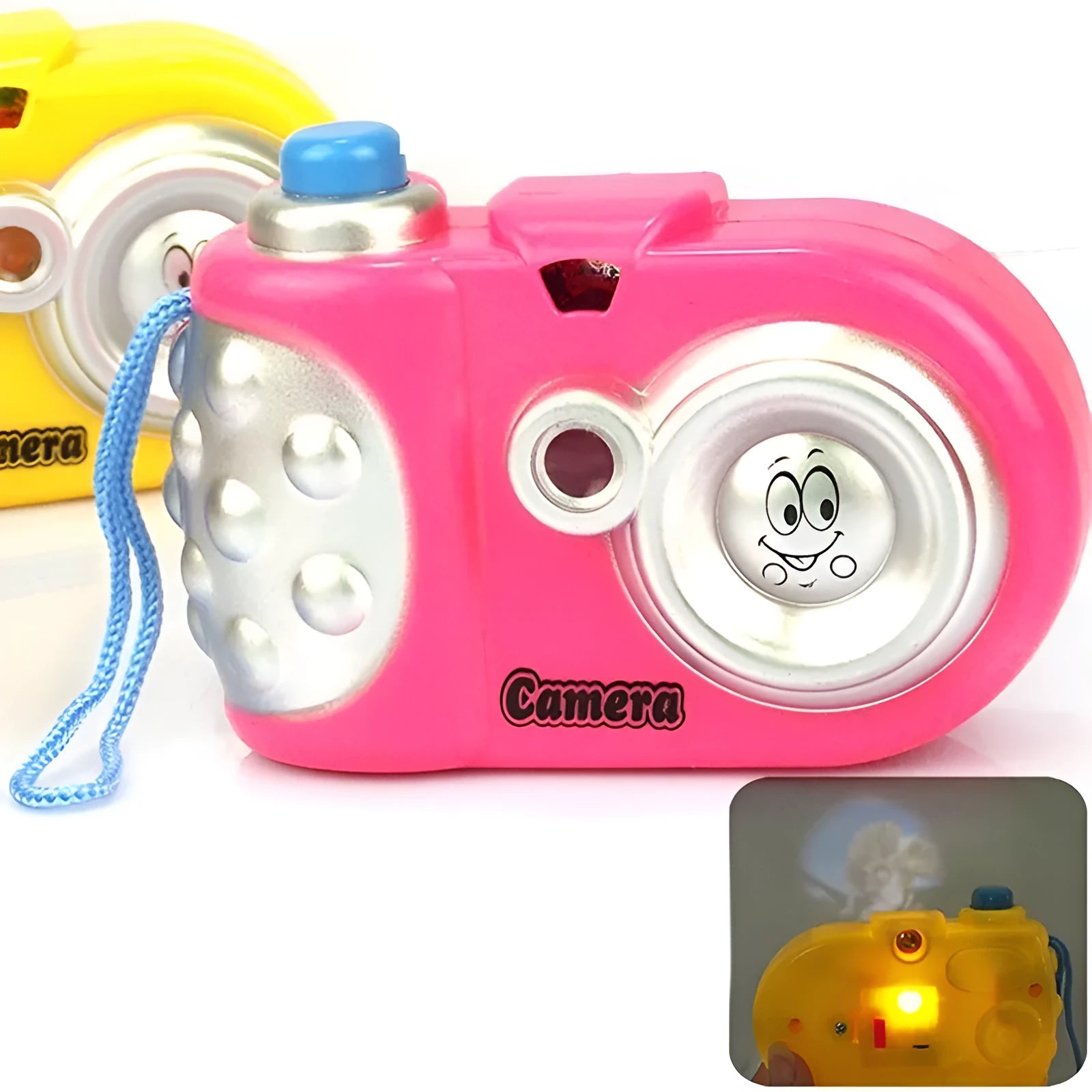 Kids plastic projection camera toy showing animal images with sliding lens cap