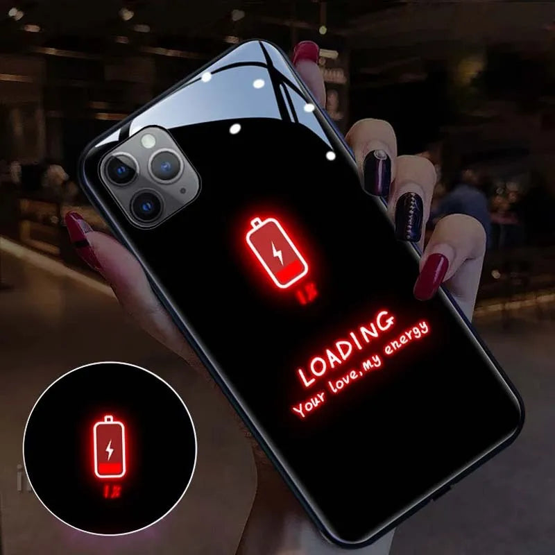 LED light up iPhone case with tempered glass back, cartoon design, glows for calls and messages, available in six colours.