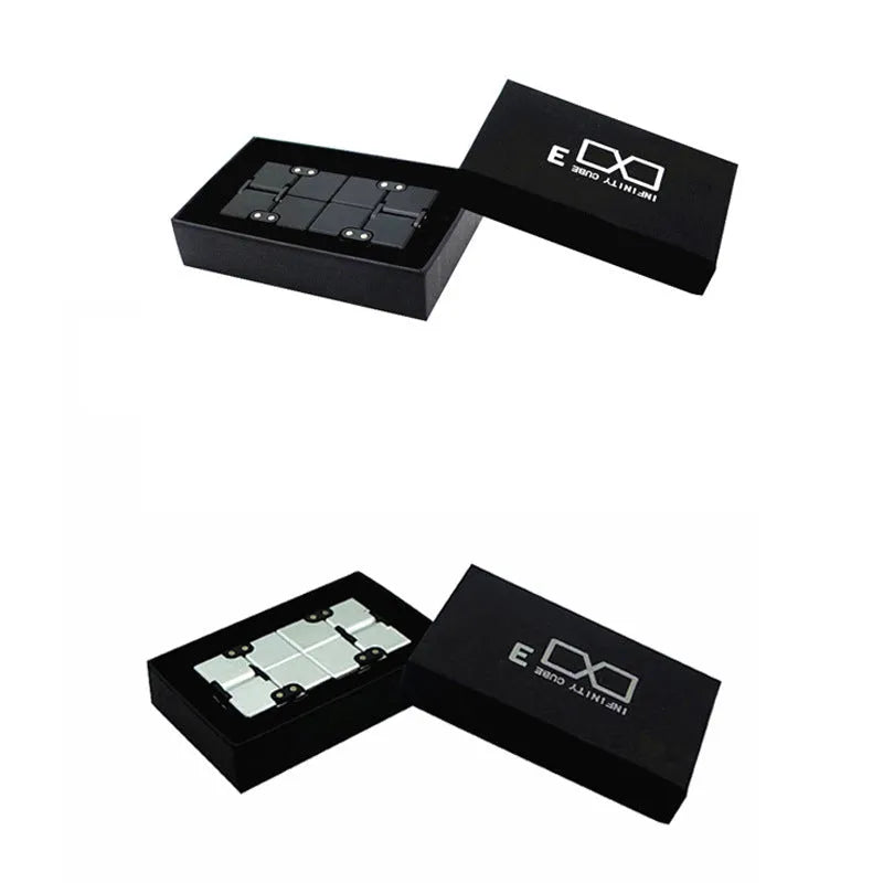 Zinc alloy infinity cube fidget toy showing 4cm cube dimensions and black/silver colour options