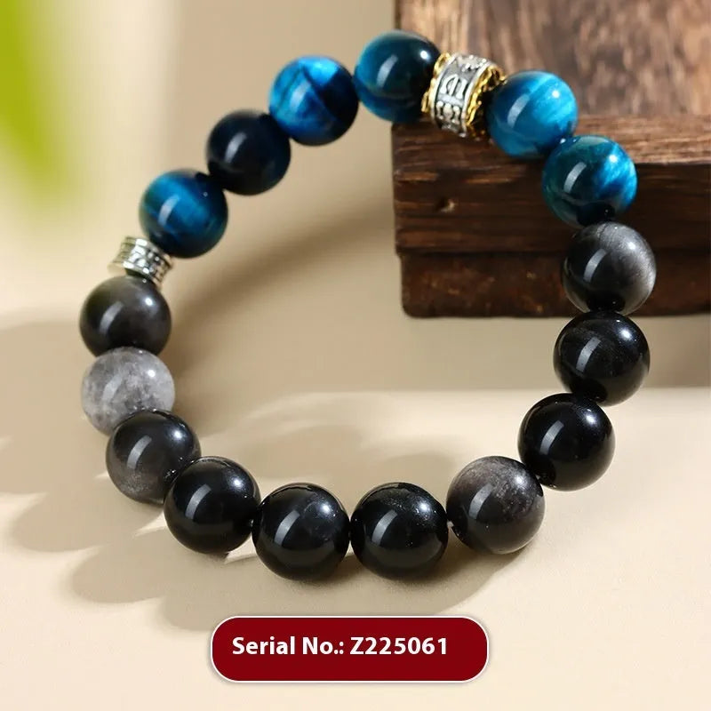 Handmade peacock blue Tigereye stone bracelet with geometric round beads and silver-coloured settings