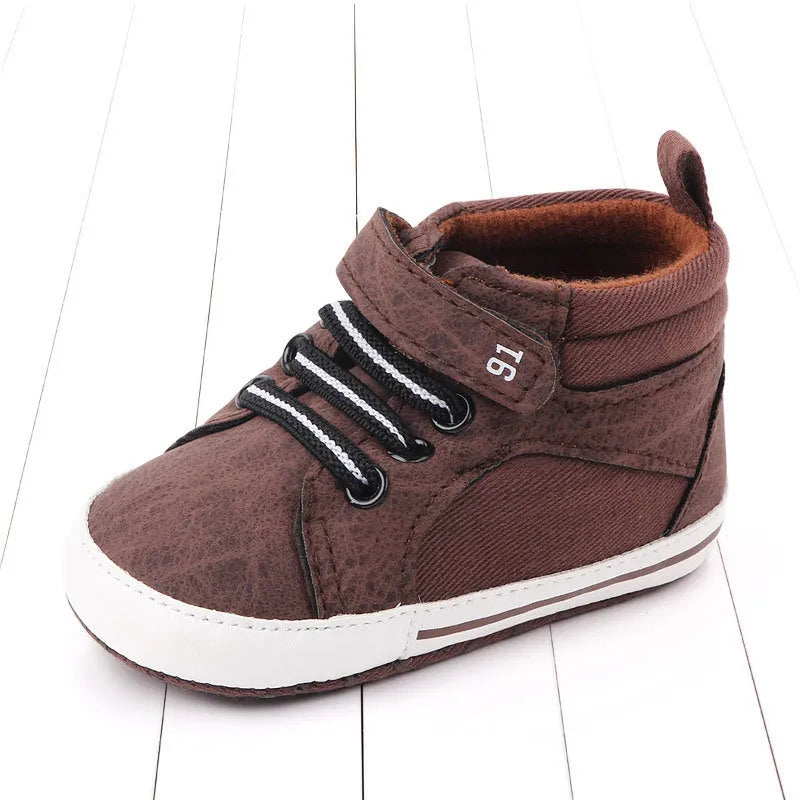 Blue cotton high-top toddler shoes with Velcro straps for boys