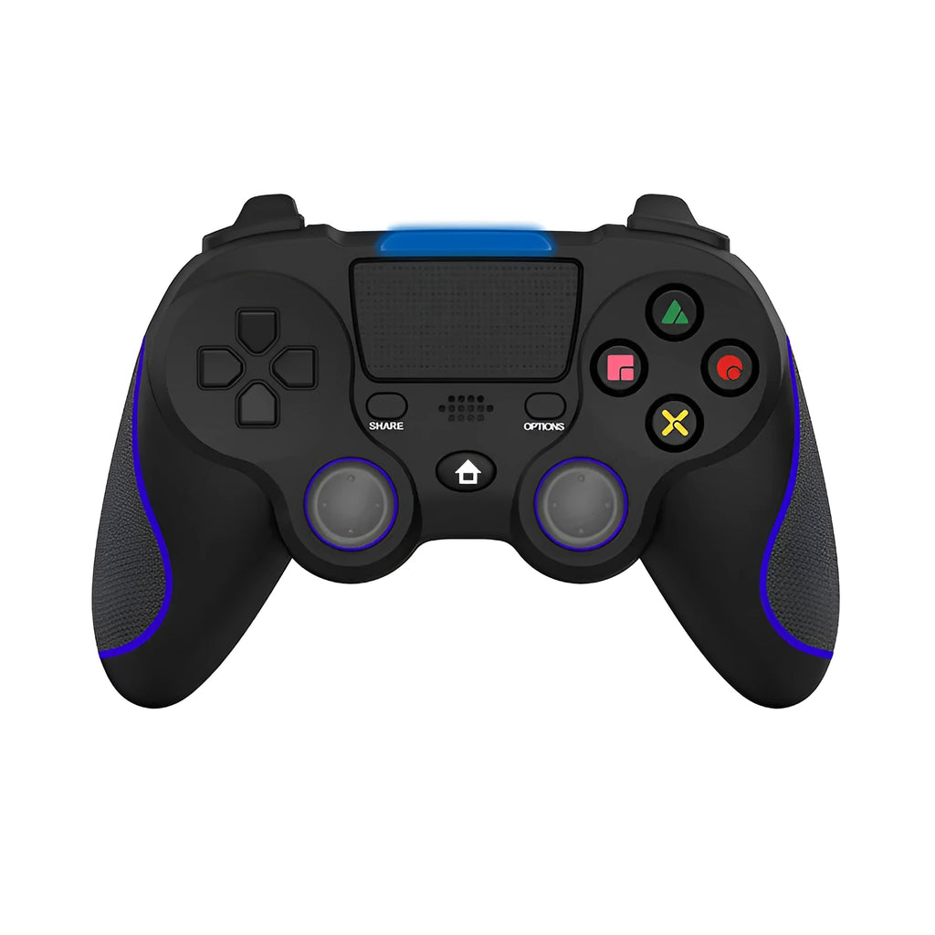 PS4 wireless gamepad in blue with ABS shell, vibration feedback, and USB interface