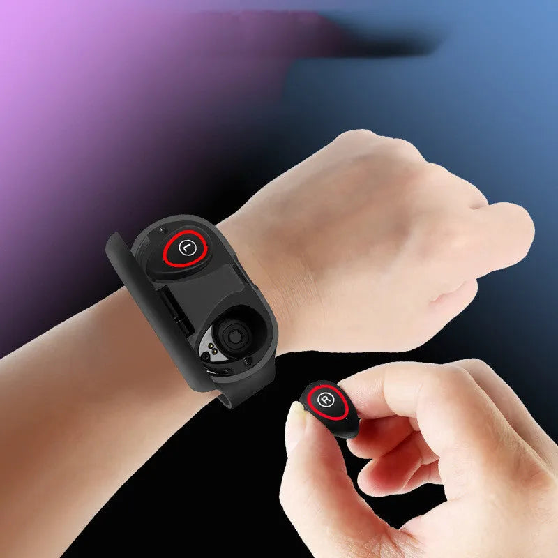Smart bracelet and Bluetooth earphone combo wearable device with a 1-inch screen on a silicone wristband.