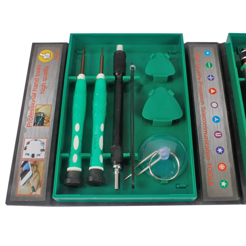 Screwdriver kit with S2 alloy bits in a compact storage case on a workbench