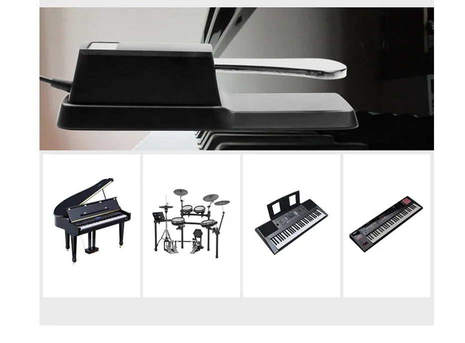 Universal sustain pedal FTB-004 in black with metal surface and attached 1.7-metre cable