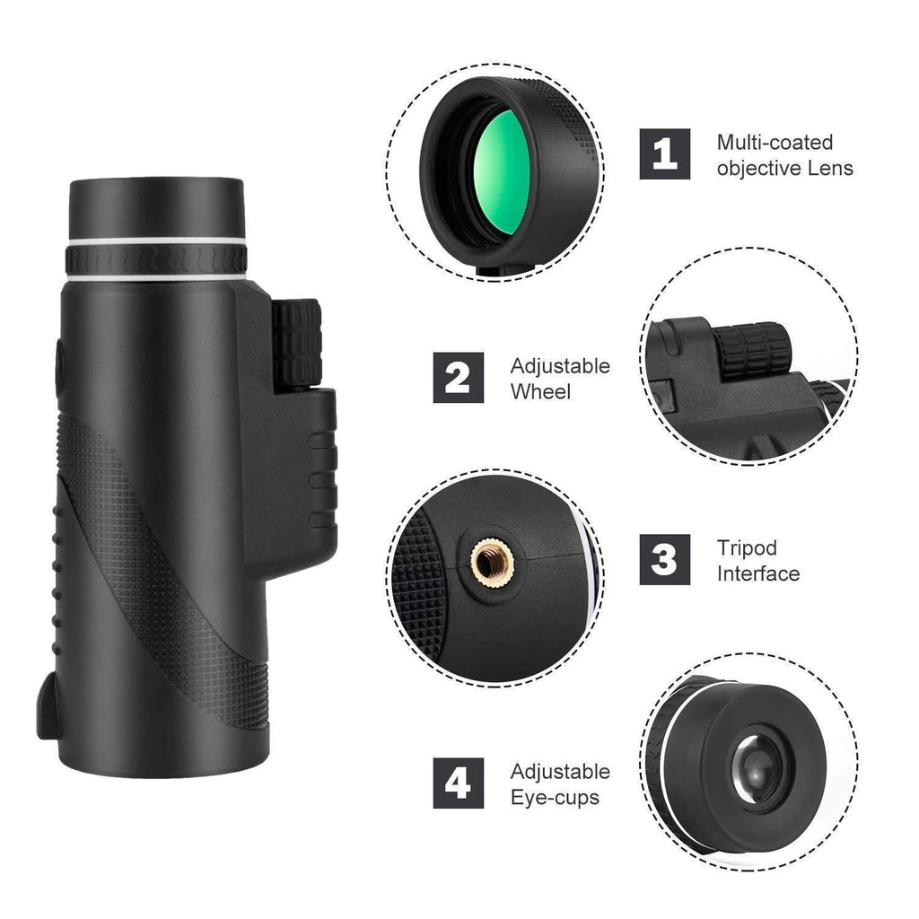 Black 40x60 HD monocular telescope with a 60mm objective lens, shown as a compact handheld device for outdoor viewing.