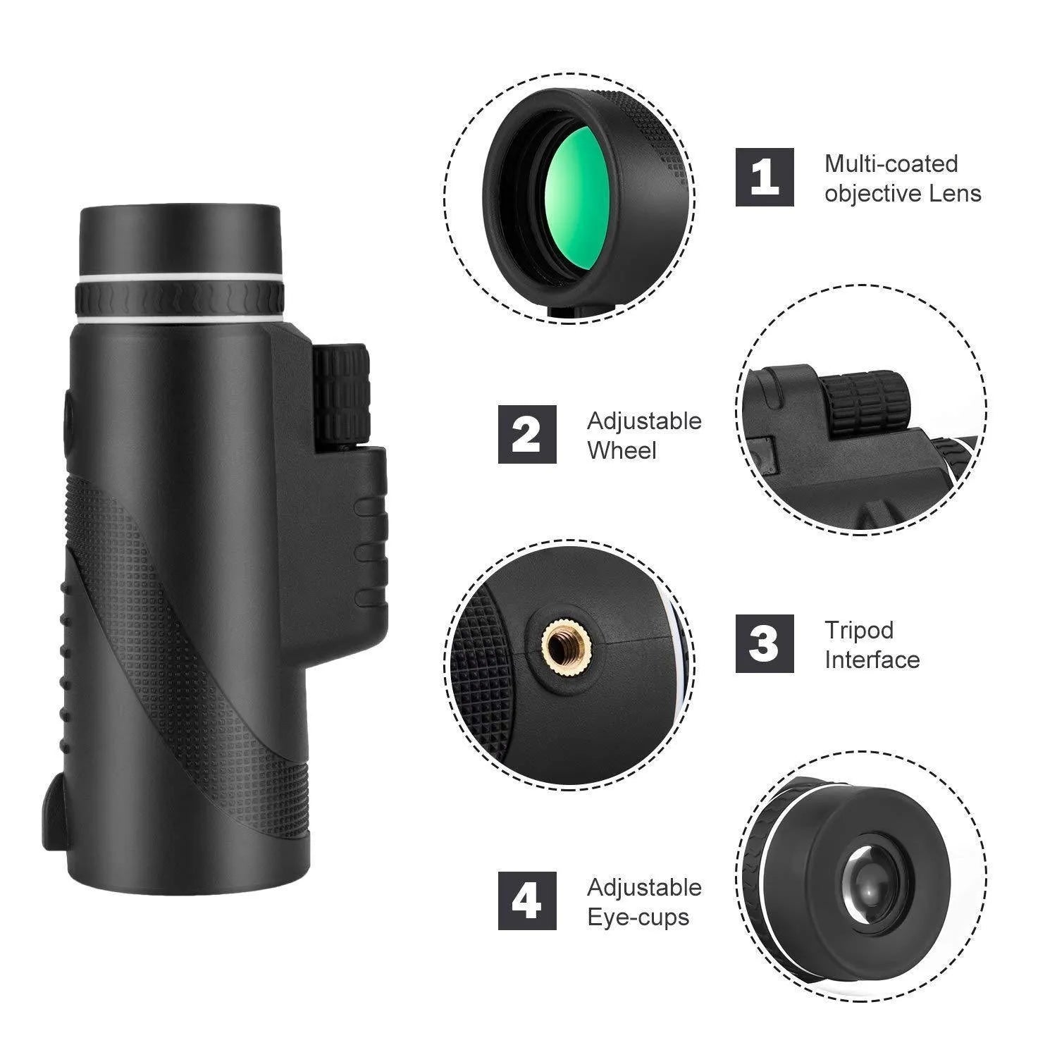 Black 40x60 HD monocular telescope with a 60mm objective lens, shown as a compact handheld device for outdoor viewing.