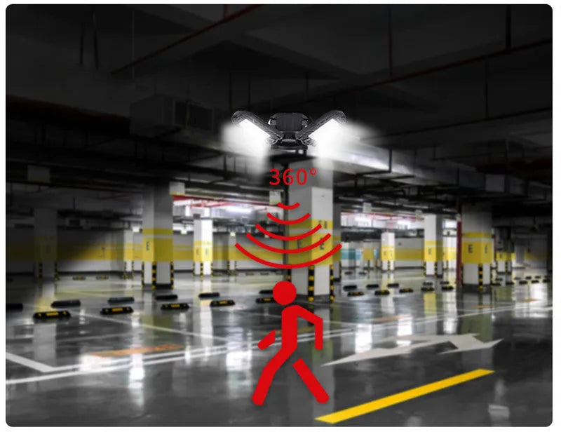 Deformable LED garage light with three adjustable heads, aluminium alloy housing, 60W 6000 lumens, IP65 waterproof