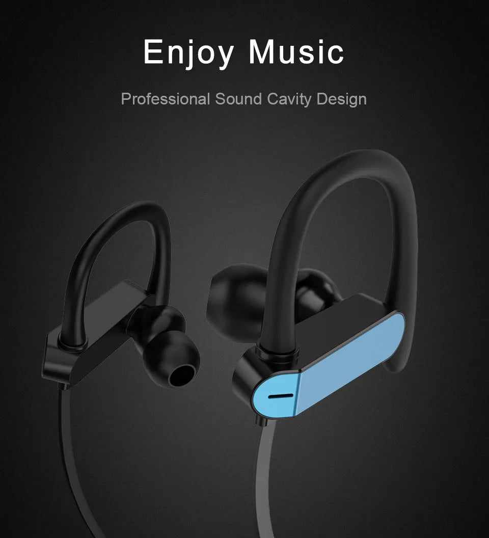Close-up of sport earphones with flexible ear hooks and silicone earbuds in black and blue colour