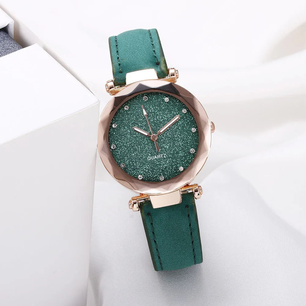 Starry watch with round 34mm dial, alloy case, imitation leather strap, and onion crown in a colour option