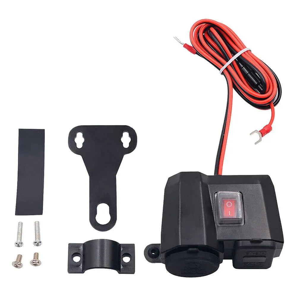 Motorcycle USB waterproof charger dual ports voltmeter model CD-3028 black handlebar mount