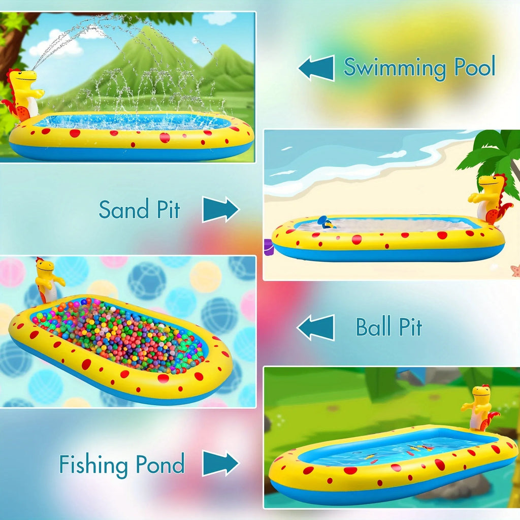 Blue dinosaur-shaped inflatable water spray pool with four spray holes in a garden setting
