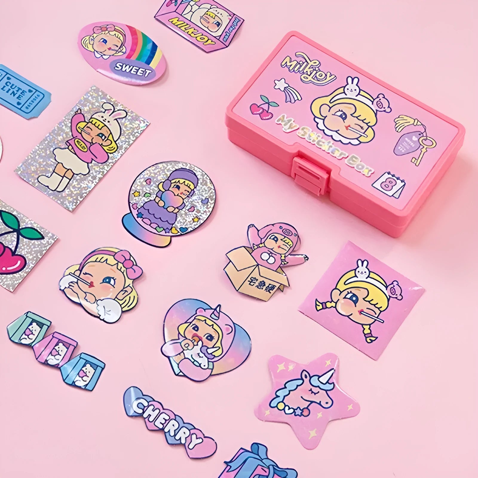 Cute cartoon sticker pack with 16 PVC stickers and storage box for DIY decoration