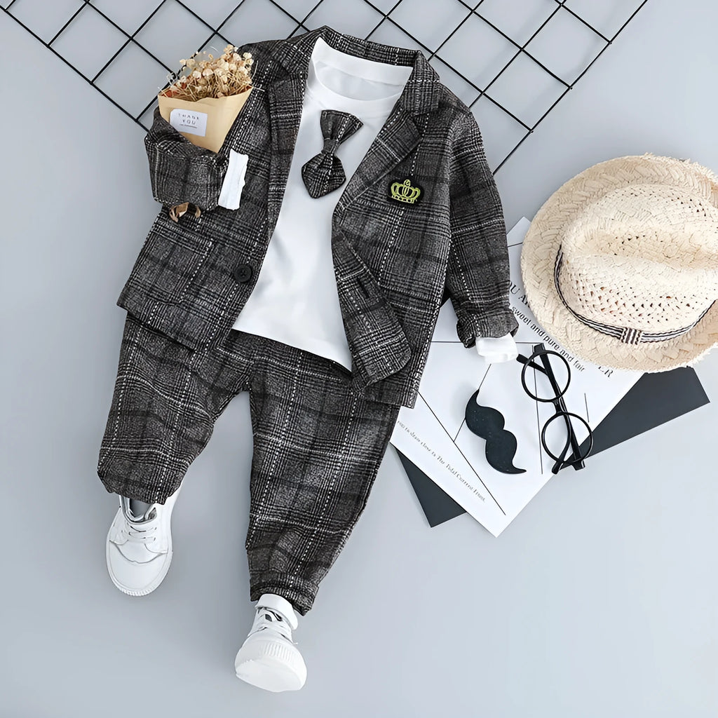 Children's grey three-piece cotton knit suit with coat, trousers and T-shirt for toddlers