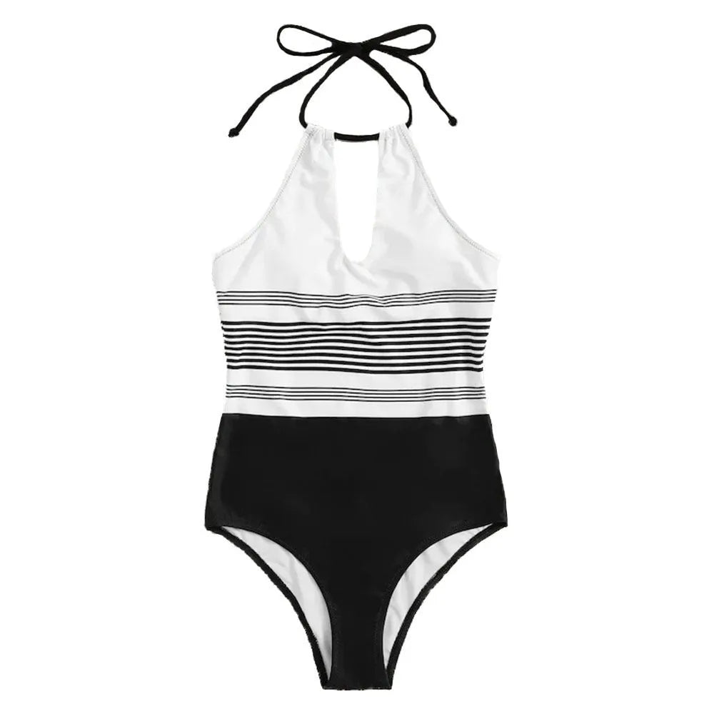 Black striped one-piece swimsuit for women, nylon, sizes S M L, adult female swimwear