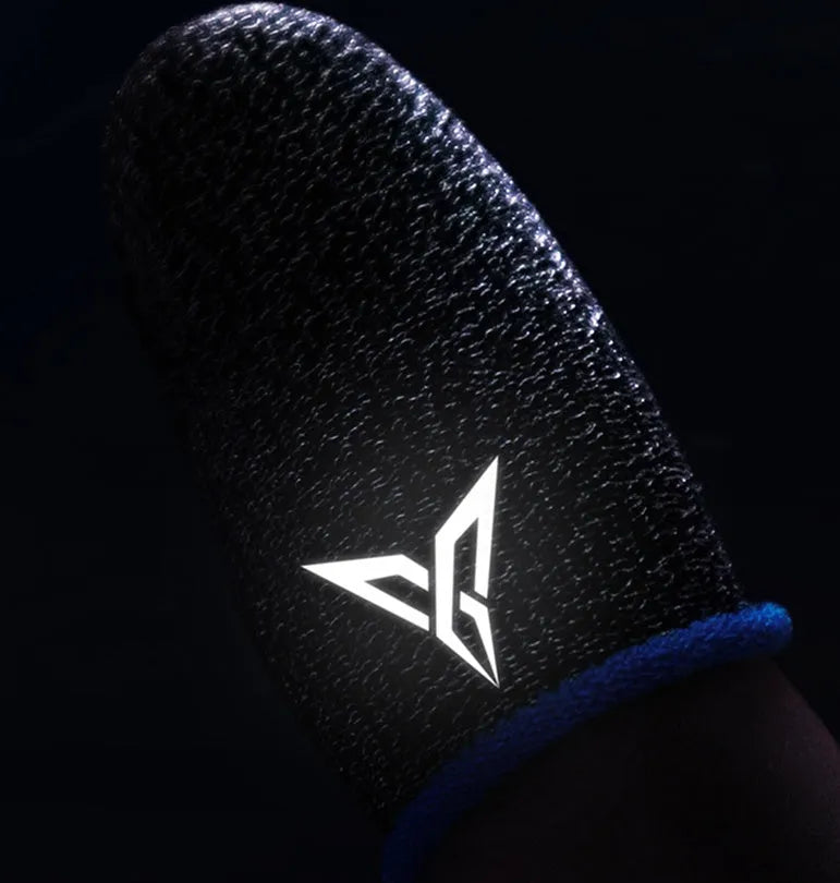 A pair of green game thumb sleeves made from silver fibre yarn with a reflective wrist logo.