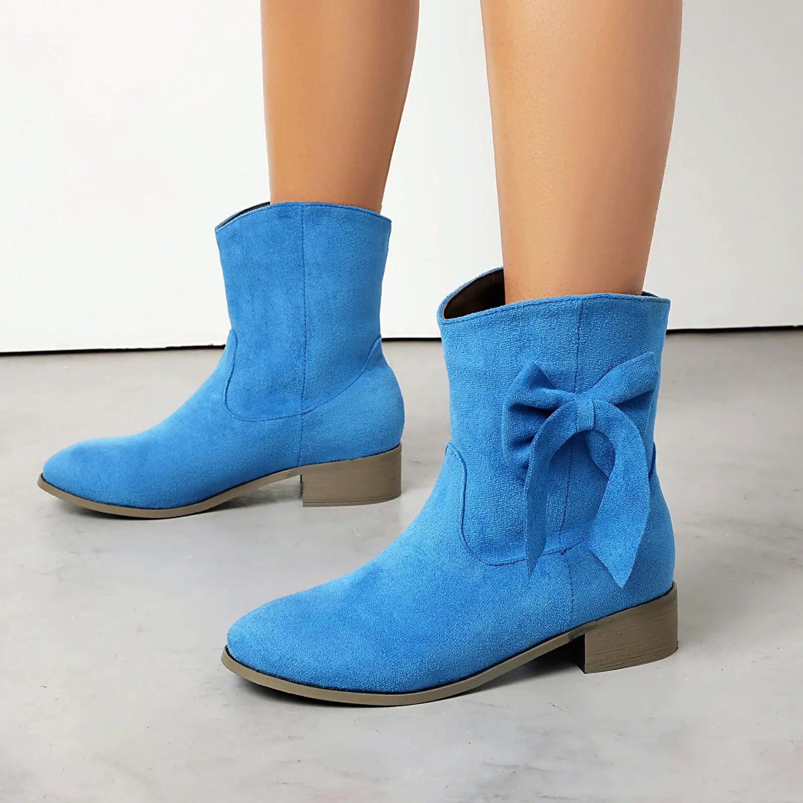 Low heel suede sweet bow casual boots for women, square heel, round toe, available in multiple colours