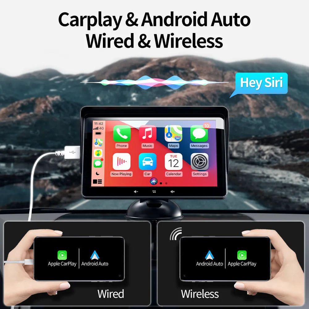 7-inch car wireless CarPlay display with suction cup mount and cigarette lighter power cable