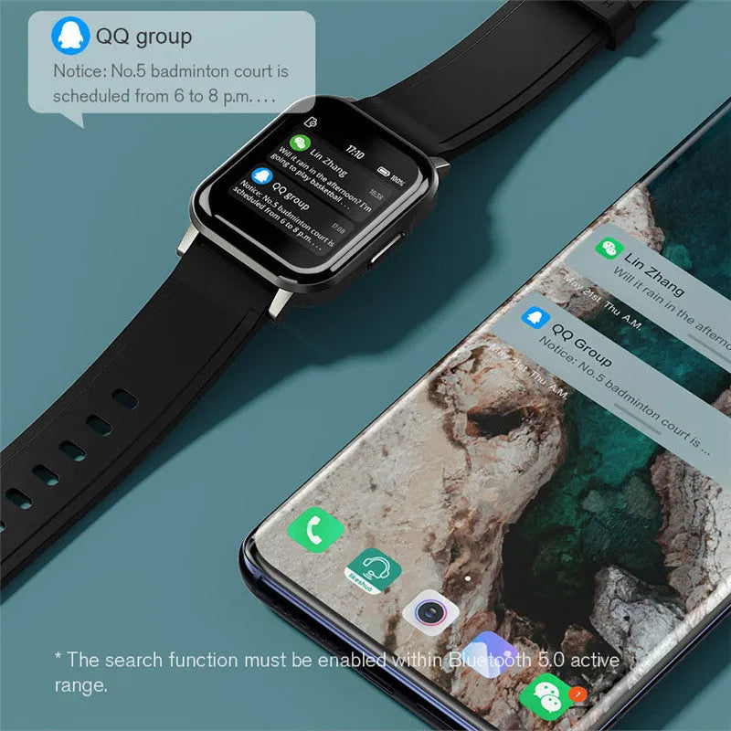 Black waterproof smart bracelet with 1.4-inch screen showing health metrics on silicone wrist strap