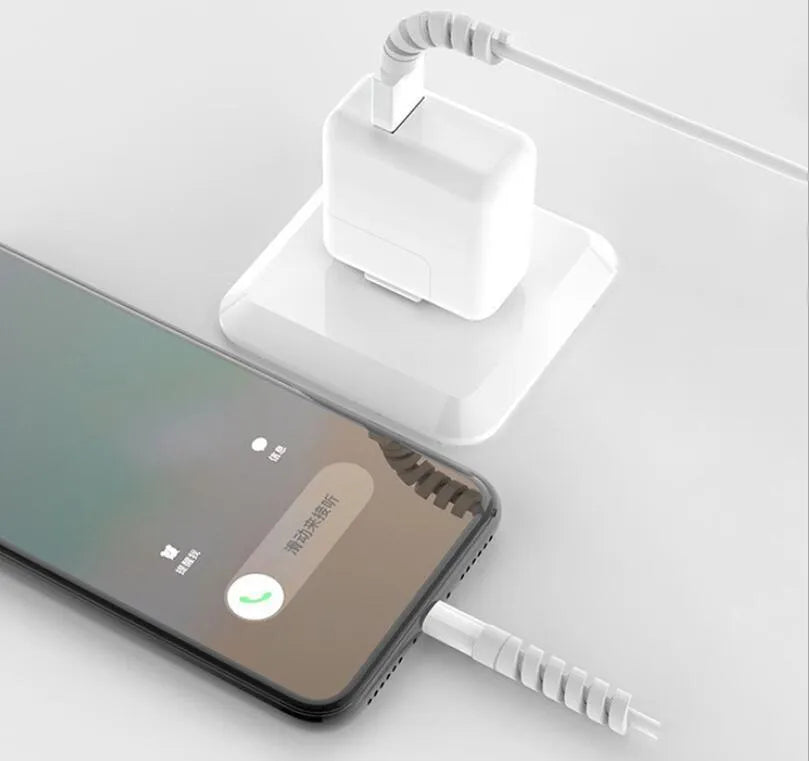 Plastic charging cable protector, 3.5cm long, shown in multiple colour options.