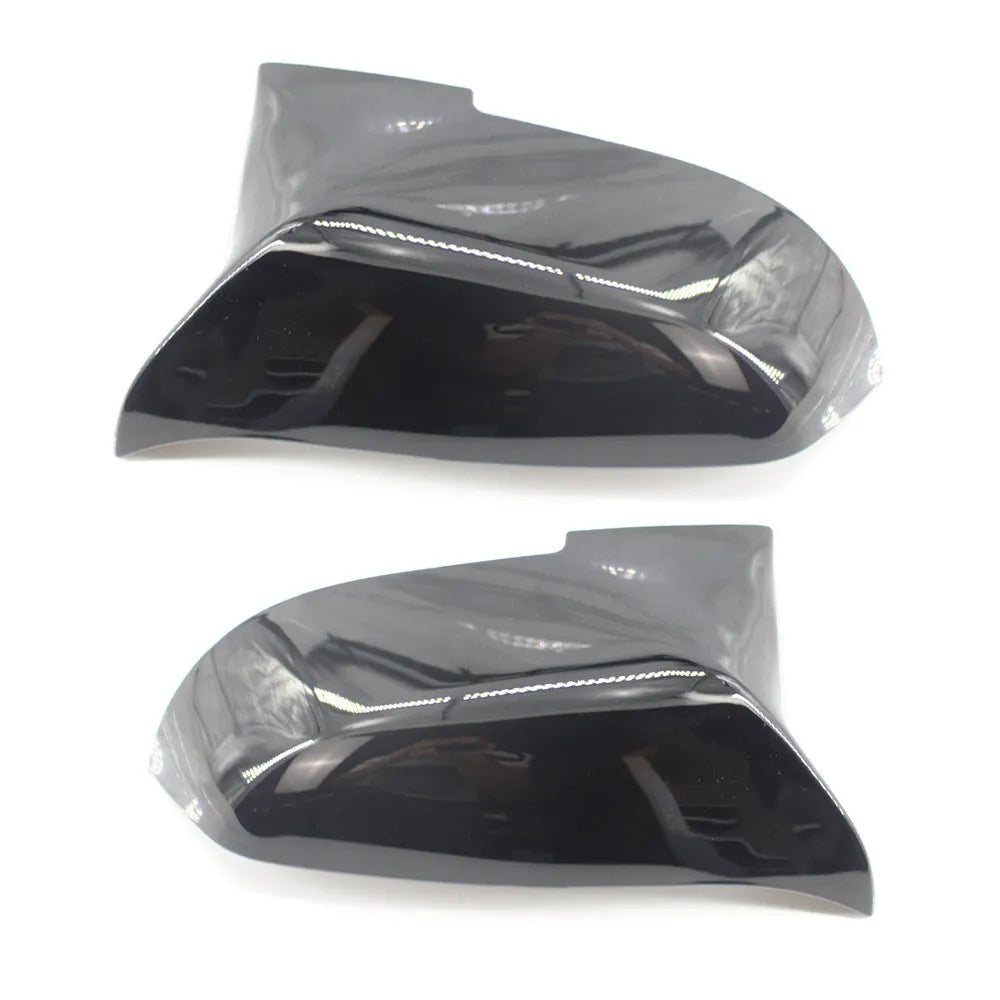 Pair of paint bright black horn-style BMW rearview mirror shells for F30 3 Series.