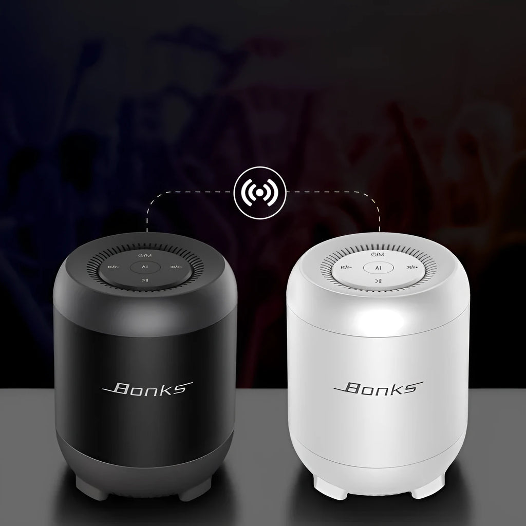 Black or white Bluetooth speaker with buttons, USB port, and AI voice control feature on Smart and Upgrade models.