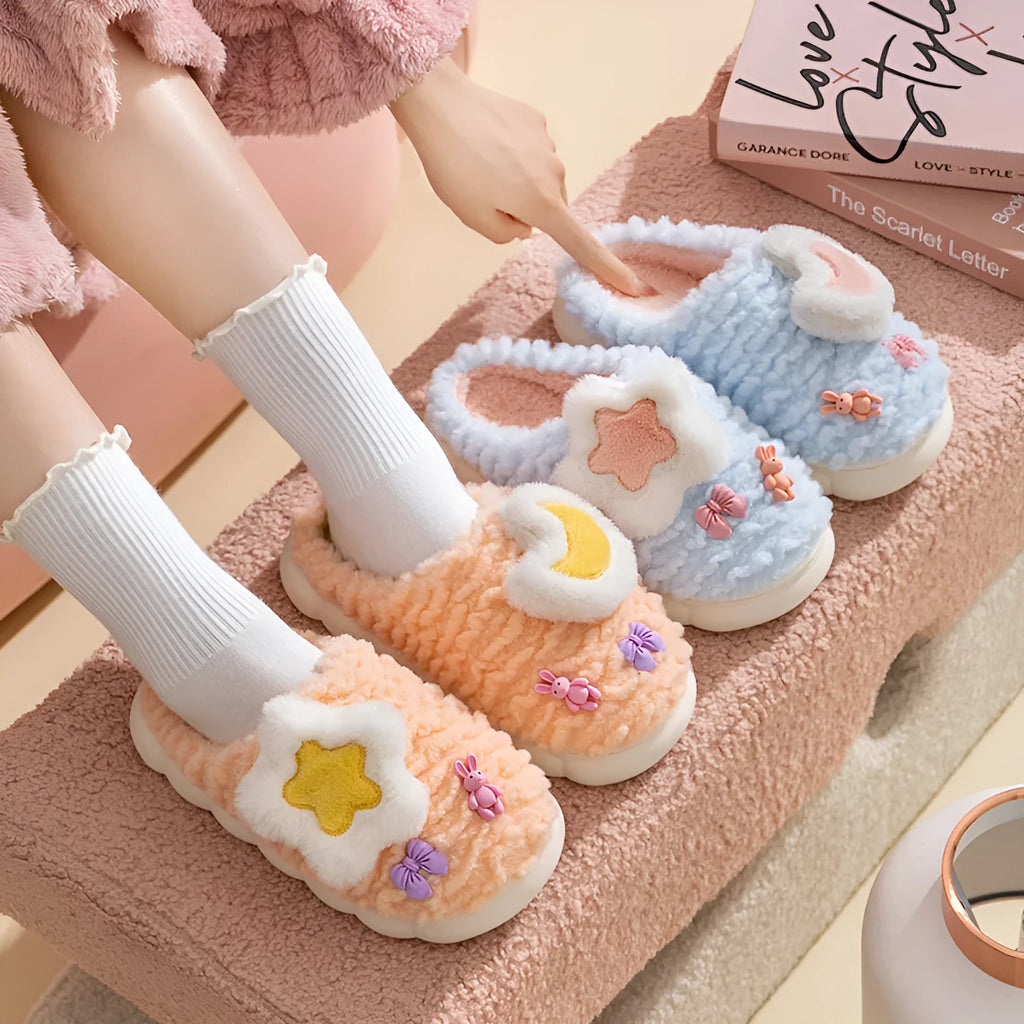 Women's light blue fleece-lined cotton slippers with cartoon animal pattern and plush upper