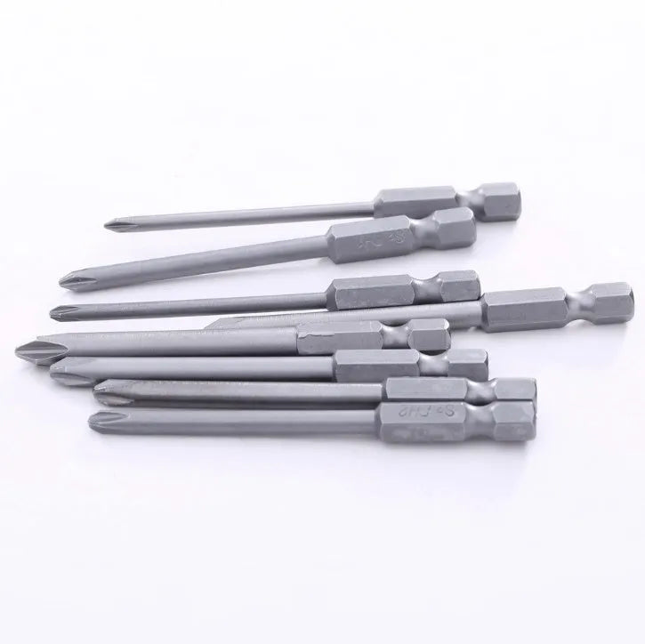 Eight 75mm long magnetic cross-head screwdriver bits with a 1/4 inch hex shank, laid out in a set.