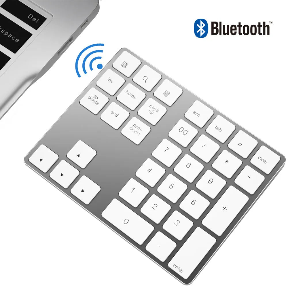 Wireless aluminium alloy Bluetooth numeric keypad with 34 keys in silver finish