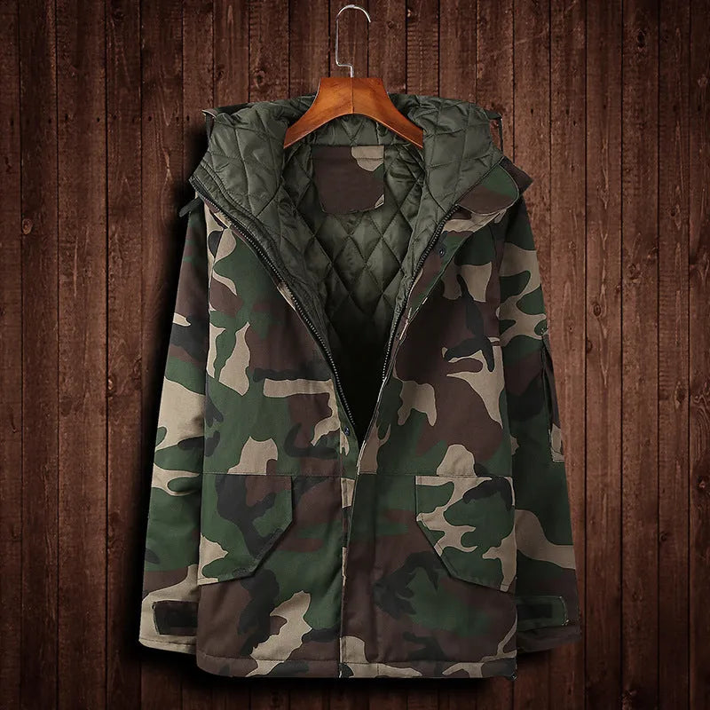 Men's winter camouflage cotton hooded jacket with zip front, available in multiple sizes