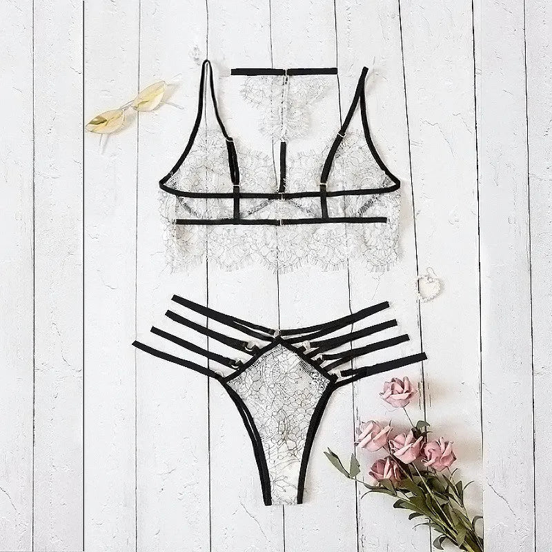 Lace and spandex three-point lingerie set in photo colour, Asian sizes S to 3XL