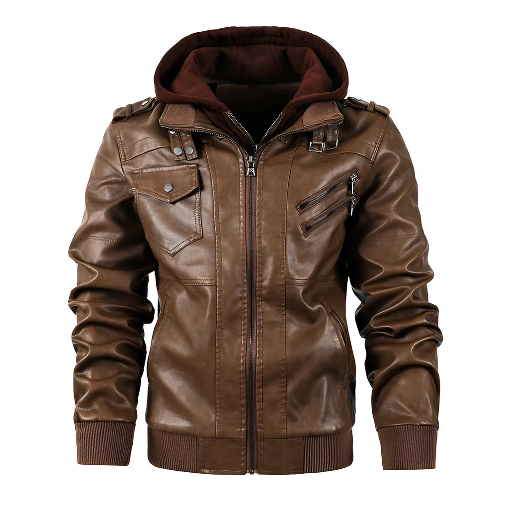 Men's black PU leather motorcycle jacket with stand collar, zip front, and hood, shown on a mannequin