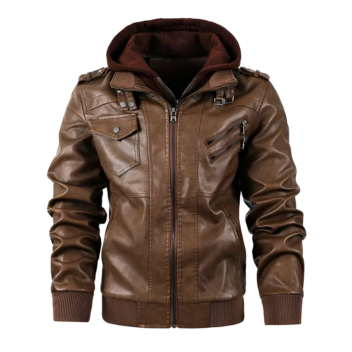 Men's black PU leather motorcycle jacket with stand collar, zip front, and hood, shown on a mannequin