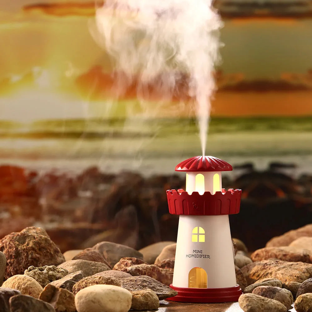 Home lighthouse humidifier in green with USB night light and ultrasonic mist, 80mm