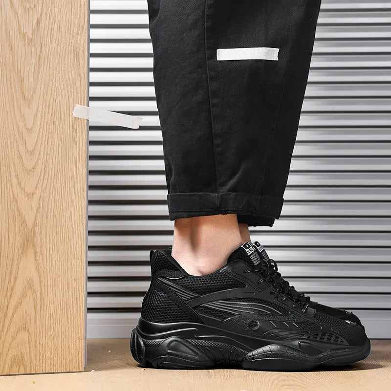 Breathable mesh casual sneakers with hidden elevator 6cm height increase black rubber sole