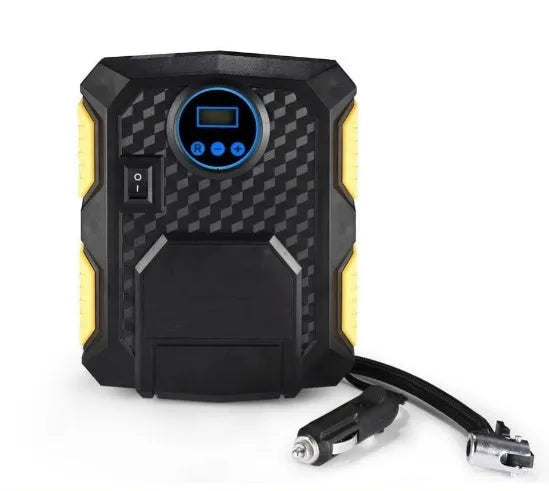 Digital tire inflator DC 12V portable air compressor with LED display, preset controls, three adapters and a three-metre cord