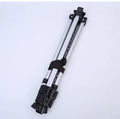 Silver aluminium alloy adjustable easel with metal tray, collapsed for table top use, next to a black nylon carrying bag