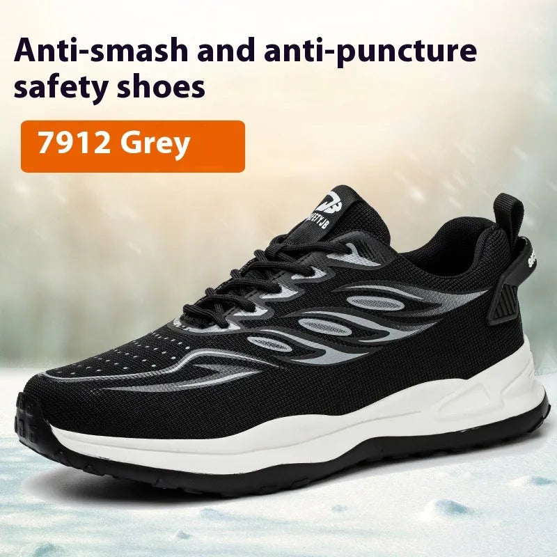 Leather upper anti-smashing safety shoe with rubber sole in orange colour on a work site background.