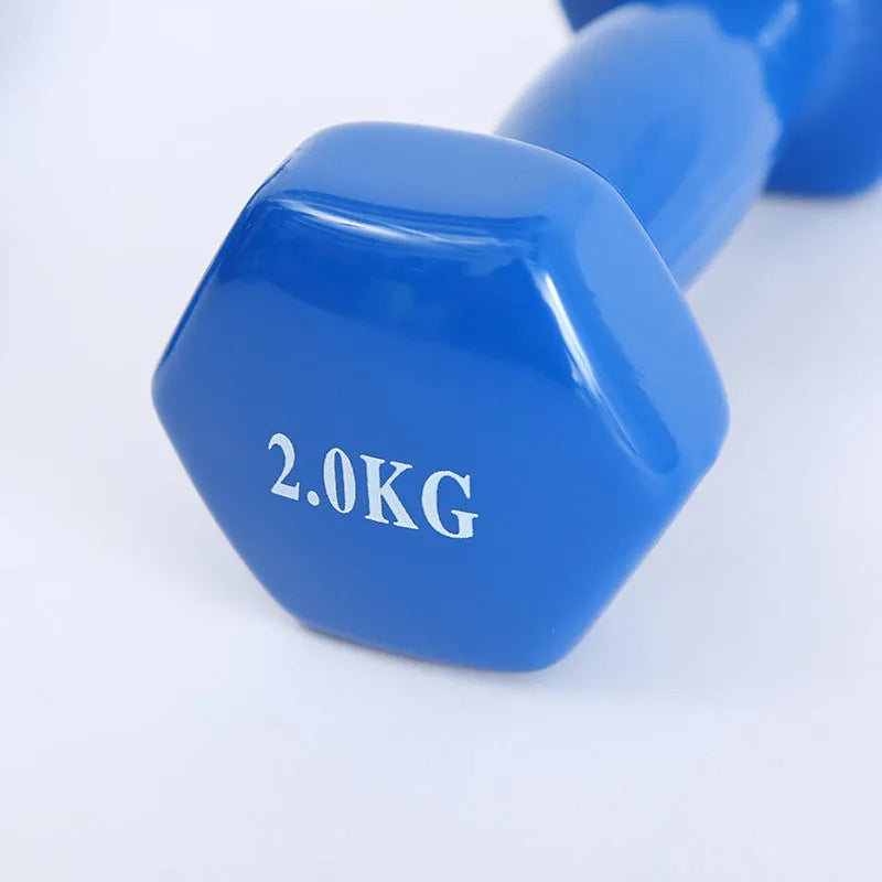 A set of bright red, blue, and green plastic fitness dumbbells with glossy finish on a wooden floor.