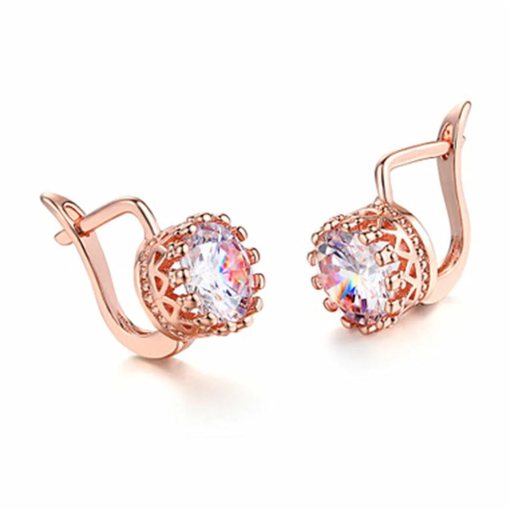 Korean retro crown-shaped ear clip earrings in rose gold or white gold colour with white diamond details.