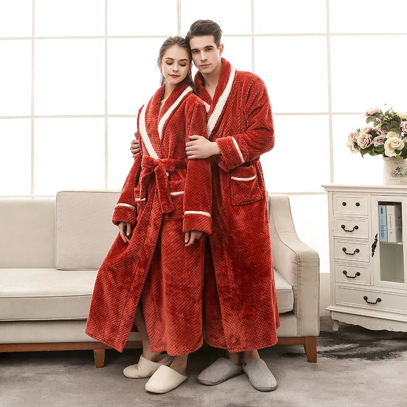 Unisex winter bathrobe thick flannel solid colour gown for couples available in black green orange red sizes M to 3XL