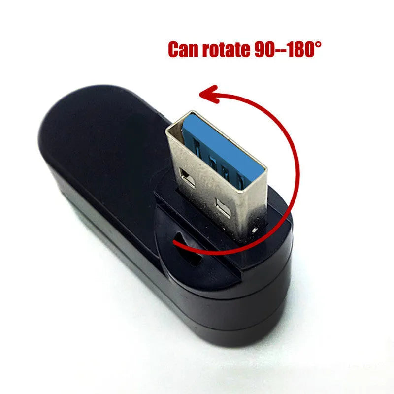 Black or white USB rotary splitter hub with four USB ports on a blister card.