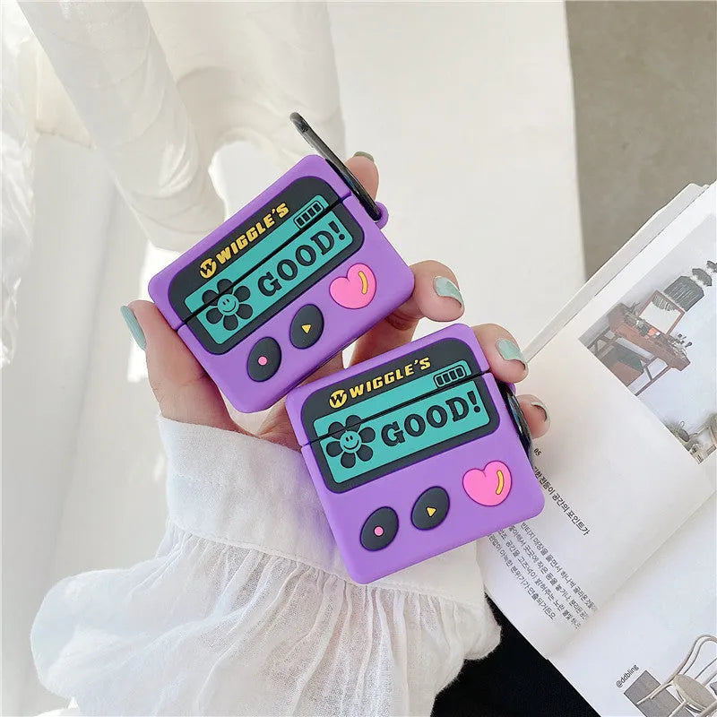 Retro purple BB machine cartoon silicone back cover for AirPods 1, 2, and Pro 3 with hook