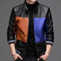 Men's leather casual jacket with stand-up collar and zip front, polyester lining, blue or red, sizes L-4XL