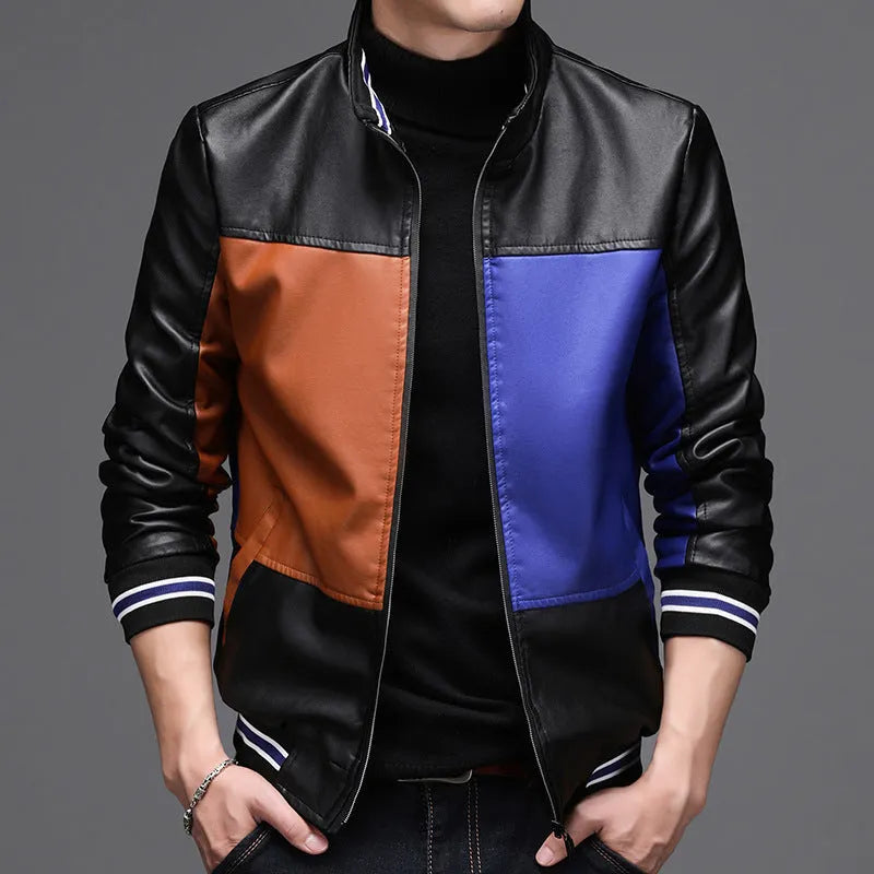 Men's leather casual jacket with stand-up collar and zip front, polyester lining, blue or red, sizes L-4XL