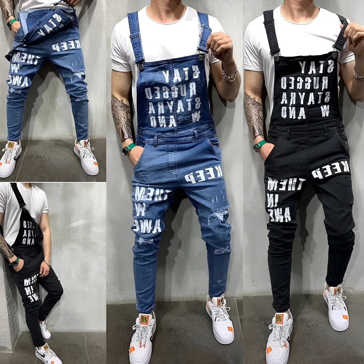 Men's ripped denim jumpsuit with braces straps in black or dark blue, sizes S to XXL
