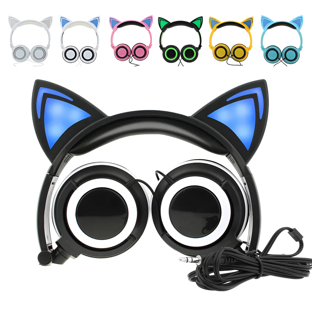 LED cat ear headphones showing illuminated blue ears and cushions on a black headband