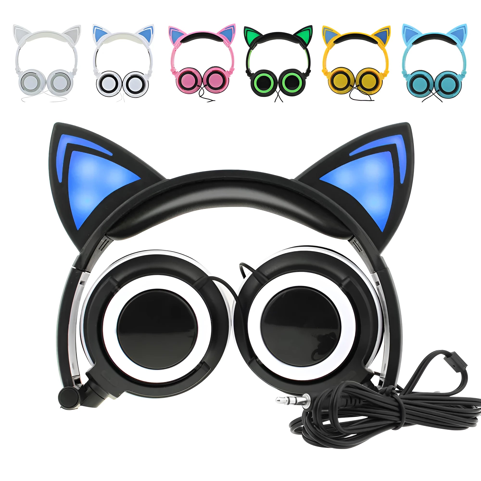 LED cat ear headphones showing illuminated blue ears and cushions on a black headband