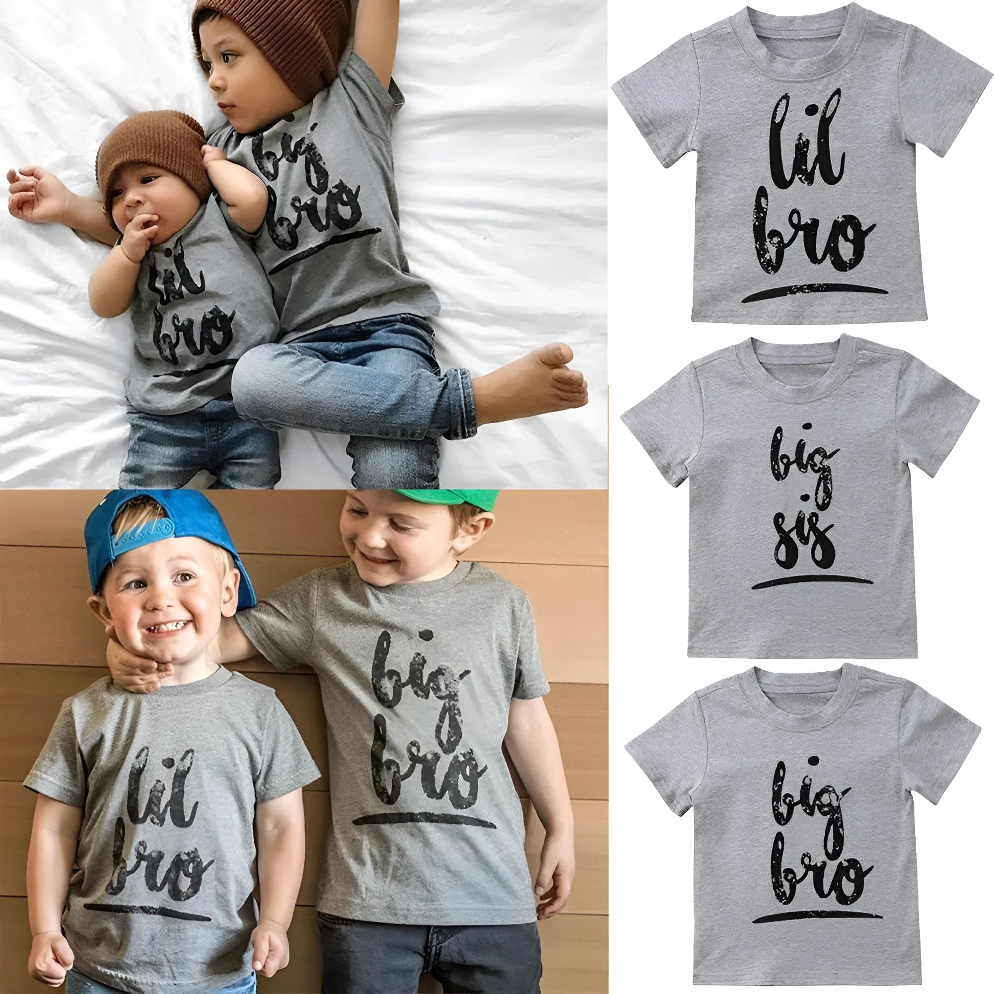 Grey kids cotton t-shirt with printed brother sister designs showing size range from 60cm to 140cm