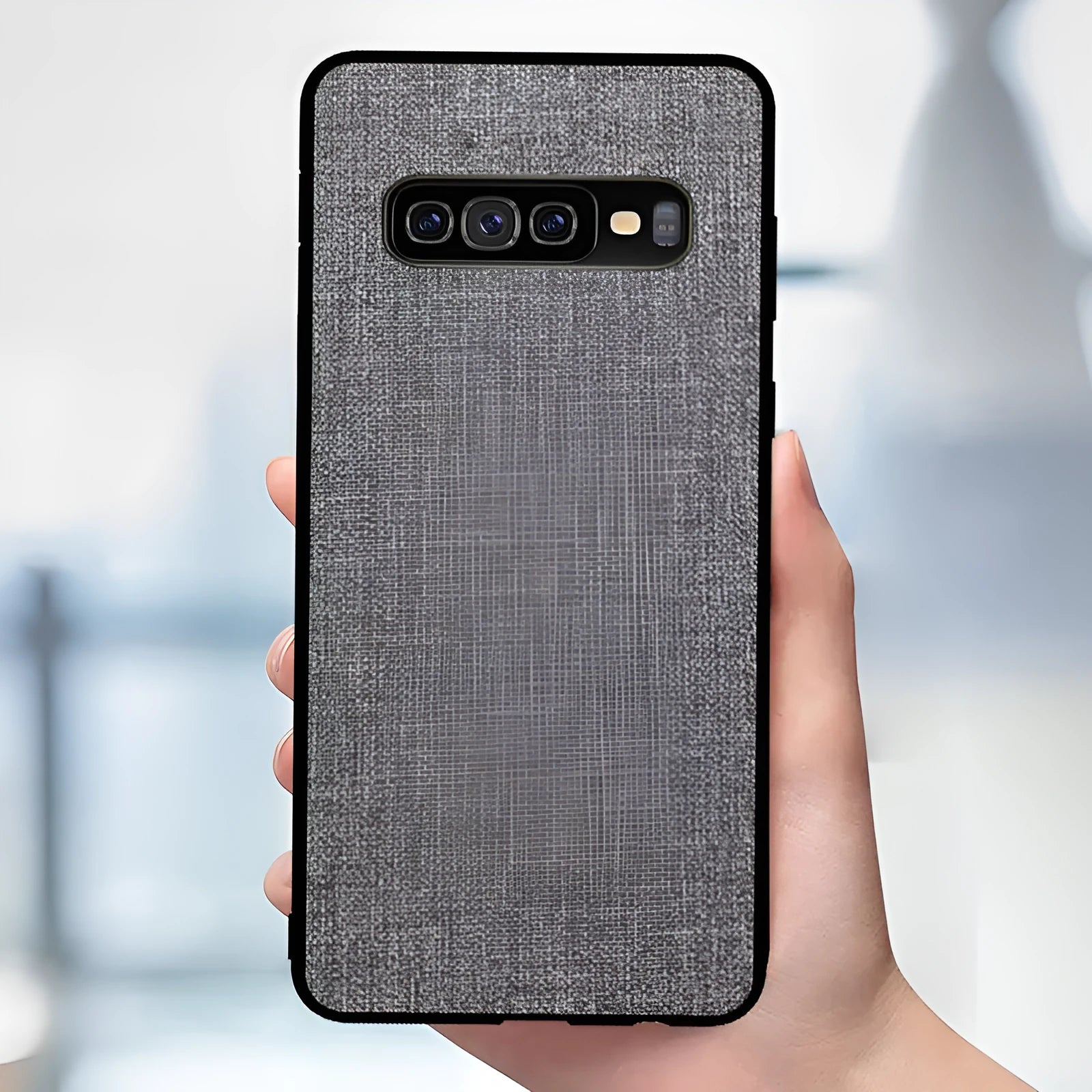 Canvas pattern Samsung Galaxy phone case with TPU rubber sides shown in multiple colour options